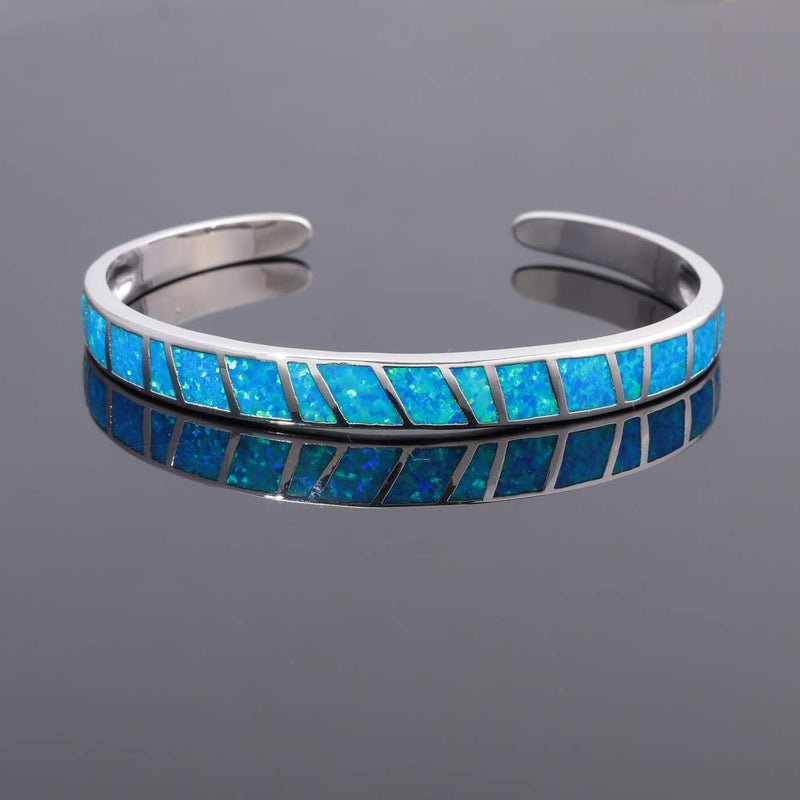 CiNily Womens Large Cuff Bracelet-Blue Opal Bangle Bracelets White Gold Plated Hypoallergenic Ladies Gemstone Big Birthstone Bracelet - Image 2